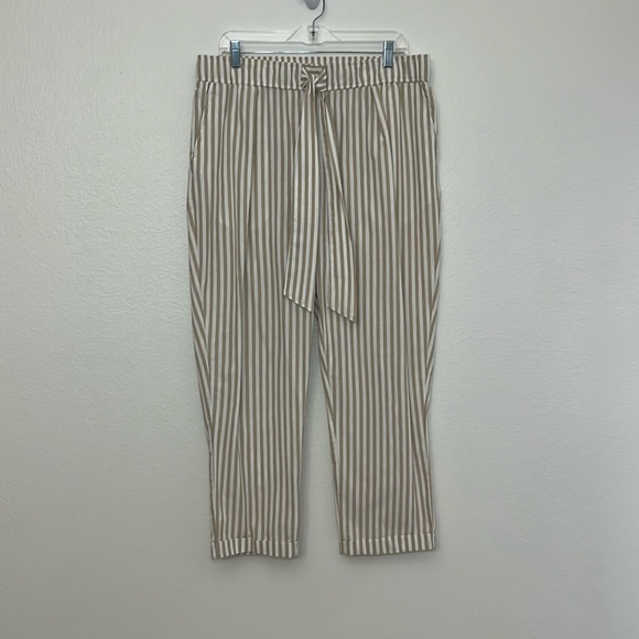 Zara White Tan Neutral Striped High Rise Ankle Pants With Tie Belt Sz XL - Picture 1 of 10